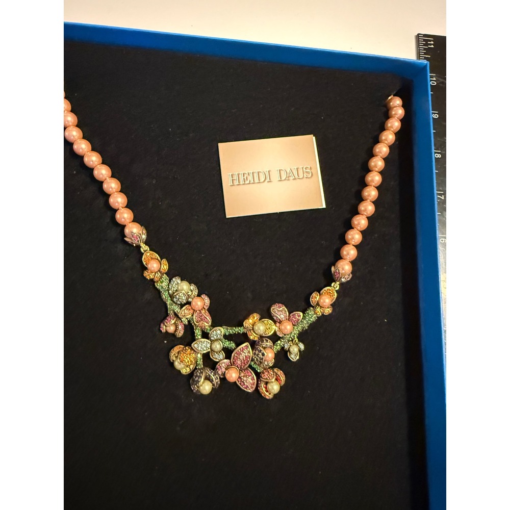 Heidi Daus Floral Crystal Pearl Statement Necklace Multi Color Bronze Tone HSN